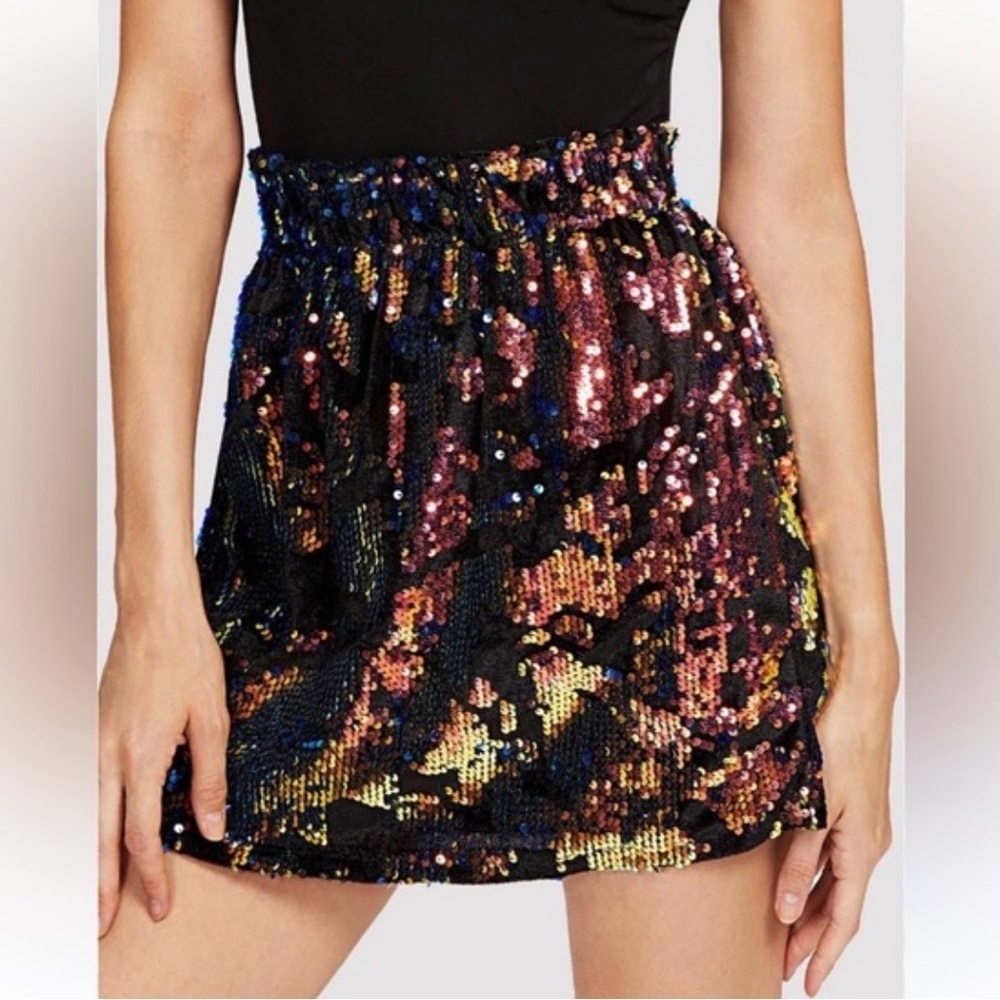 ZARA Multicolored Sequin Mini Skirt Womens M Black Pink Blue Gold Party Club Fun